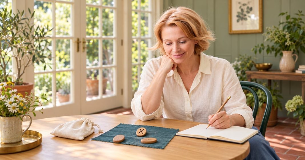 Woman reflecting beside a notebook and wooden rune tiles in a sunlit garden room
