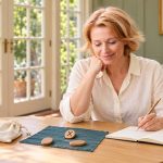 Using Runes for Questions About Love: What They Can Prompt, and What They Can’t Tell You Woman reflecting beside a notebook and wooden rune tiles in a sunlit garden room