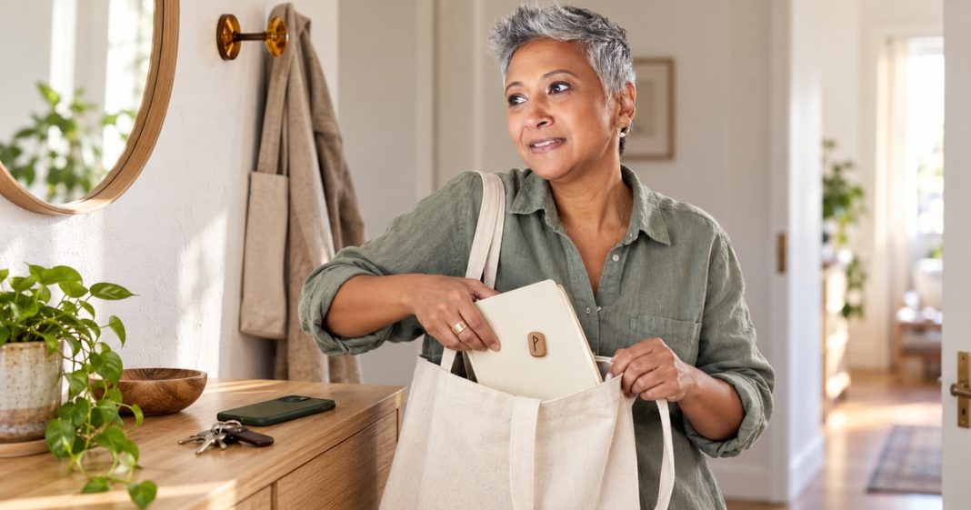 Woman packing a notebook with a small wooden rune reminder into a canvas bag
