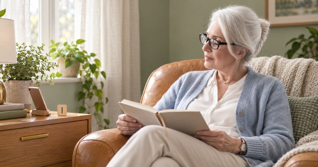 White-haired woman with glasses holding a notebook beside a phone and a wooden rune tile