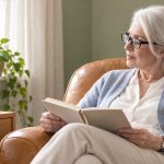 Runes When You Feel Unwell: Reflection and Support White-haired woman with glasses holding a notebook beside a phone and a wooden rune tile