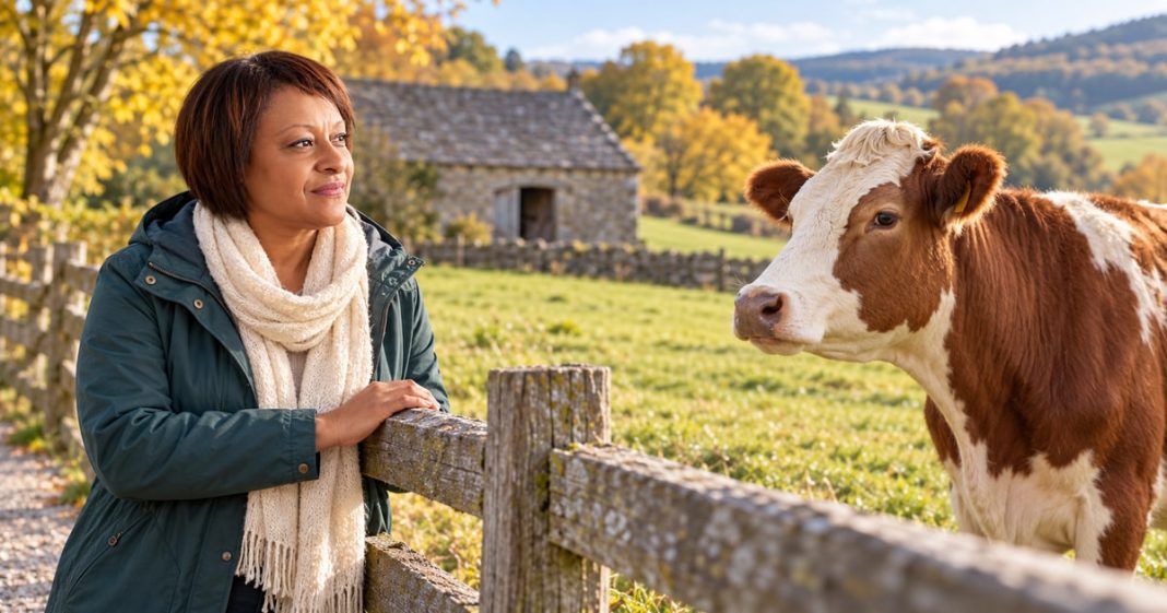 Woman in a teal jacket watching a brown-and-white cow from the other side of a wooden fence