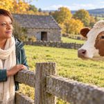Sacred Animals: How Cultures Have Honoured Animals, From Egypt to the Norse World Woman in a teal jacket watching a brown-and-white cow from the other side of a wooden fence