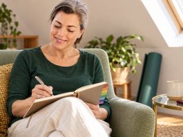 A Seven-Chakra Reflection Check-In: Prompts and Practical Support Woman writing in a tabbed journal beside a skylight, with a phone resting on a glass side table