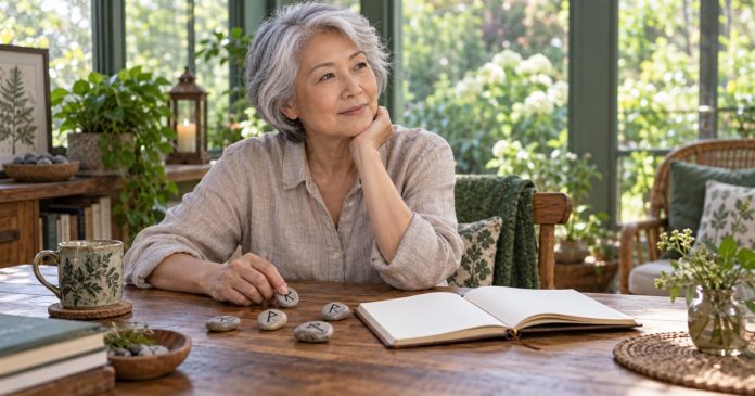 Seven styles of rune reflection Woman reflecting beside rune stones and a journal in a sunlit home