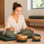 What Is Sound Healing? Singing Bowls, Sound Baths, and What the Evidence Supports A woman in a cream shirt sits on a cushion beside two bronze singing bowls, holding a felt-headed mallet.