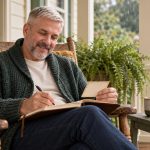Understanding Your Spirit Guide: What the Idea Is, How to Use It Well, and When to Be Careful Man writing in a journal while holding an old card on a sheltered porch