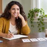 Telepathy: Connection, Research and a Careful Guessing Exercise Woman writing in a notebook beside four simple symbol cards and a face-down phone