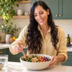 Third Eye and Diet: Food, Symbolism and Everyday Care Woman preparing a bowl of grains, chickpeas and vegetables in a green-and-cream kitchen.
