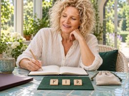 Doing a 3-Rune Reading: A Worked Example, Position by Position Woman journaling beside Fehu, Isa and Raidho tiles arranged in three positions