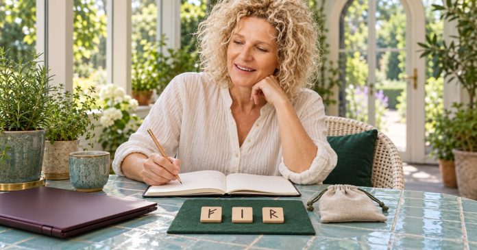 Woman journaling beside Fehu, Isa and Raidho tiles arranged in three positions