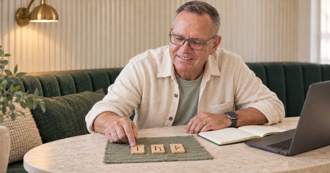 Man with gray hair and glasses examining three wooden rune tiles beside a notebook and laptop